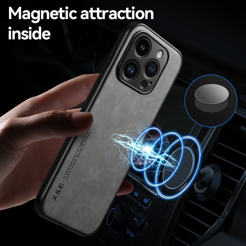 Funda de cuero de lujo para iPhone 16 Pro Max, funda con placa de Metal, soporte para coche, funda para iPhone 16 Pro 16Plus