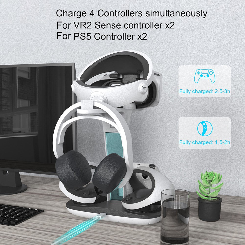 Base de carga para PS5 PS VR2, soporte de auriculares, controlador, estación de carga, luz indicadora LED, almacenamiento de auriculares para casco