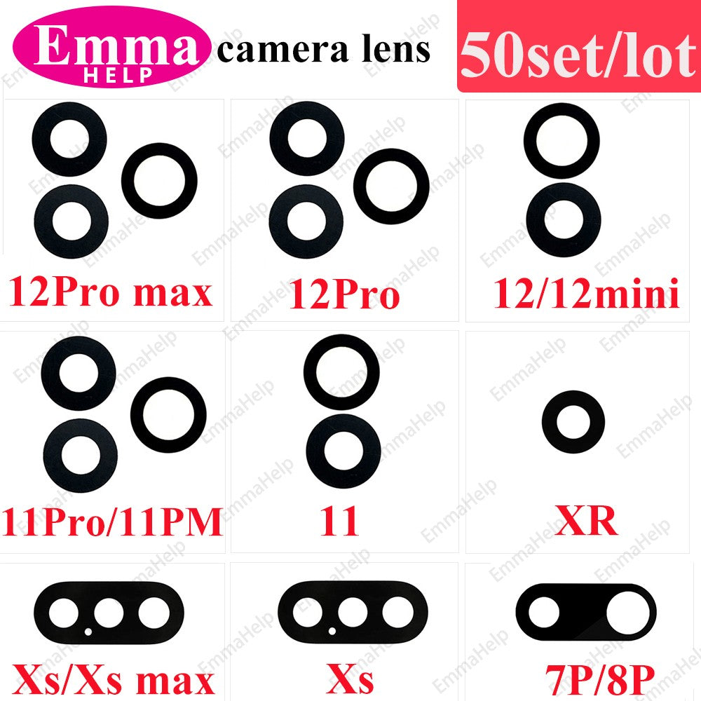 50 Piezas/Lote de Cristal de Lente de Cámara Trasera para iPhone 14 13 12 11 Pro Max XS XR X 7 8 Plus, Repuesto de Cristal de Cámara Trasera con Adhesivo