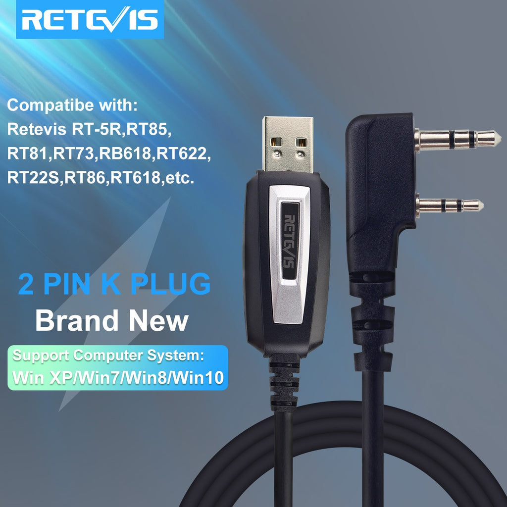 Cable de Programación USB de Dos Pines para Walkie Talkie Retevis TK3107, Compatible con Baofeng UV-5R UV-82 Retevis RA89R/G Ailunce H1, Sistema Win XP/7/8