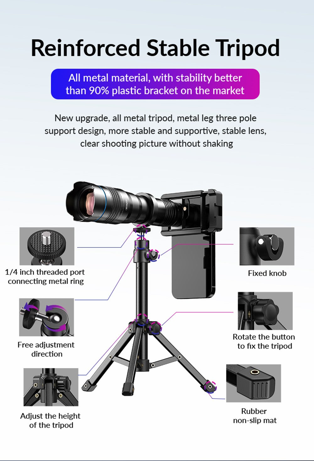 APEXEL-teleobjetivo de Metal 36X con trípode, telescopio Universal con Clip, para teléfonos inteligentes iPhone, Samsung, Camping y senderismo
