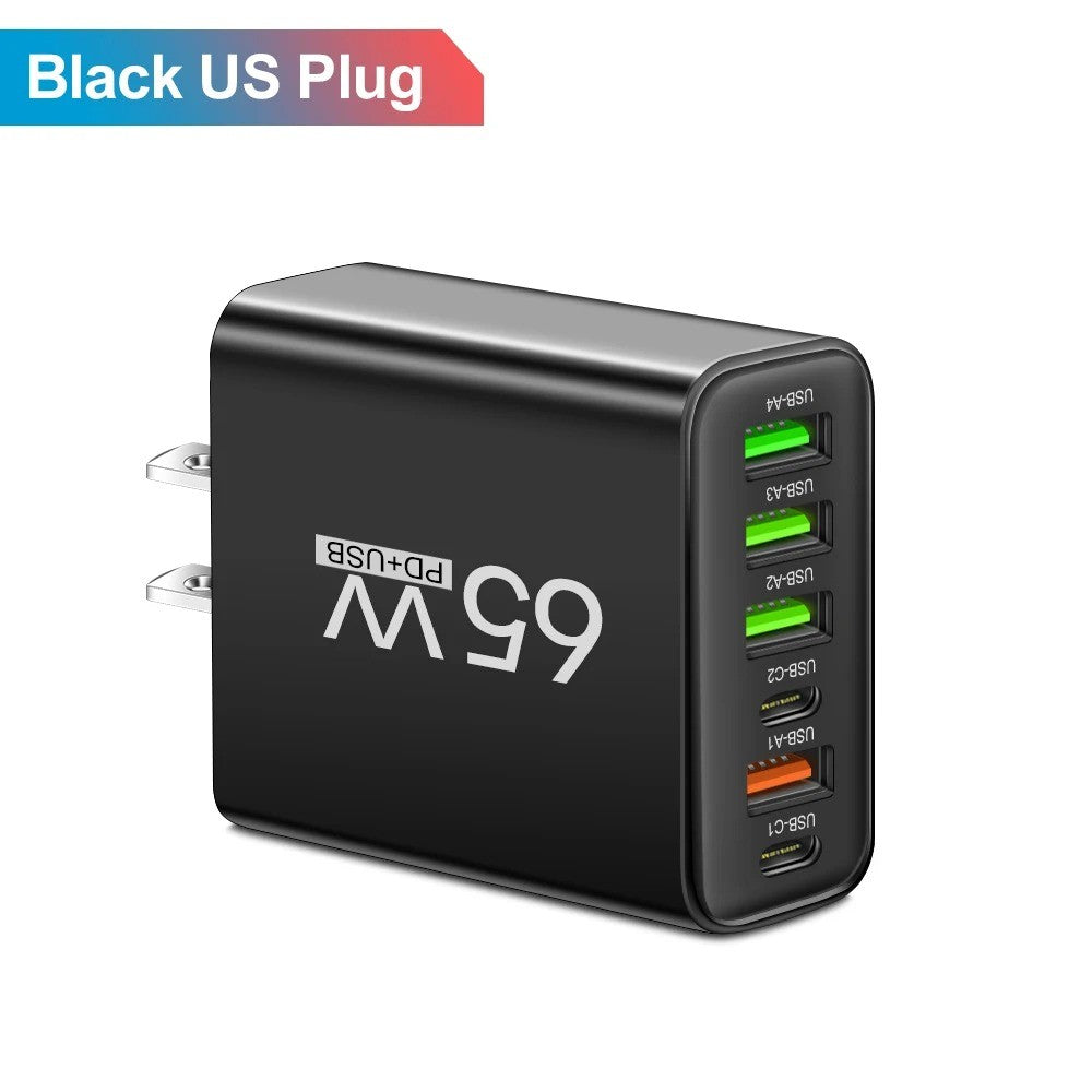 Cargador USB de 65W, adaptador de carga rápida PD tipo C de 6 puertos para iPhone 13, 14, 15, Samsung, Xiaomi, Huawei, cargador rápido de pared para teléfono móvil