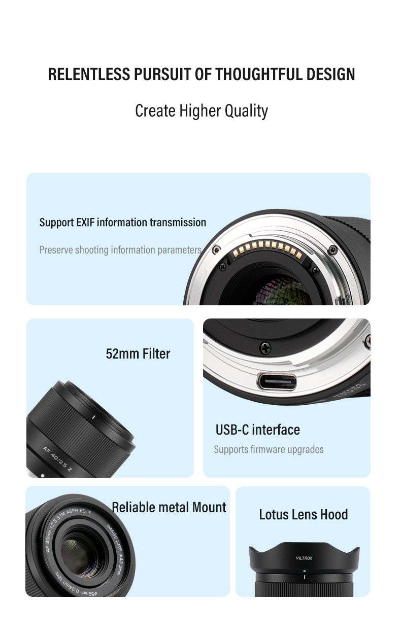 VILTROX 40mm F2.5 para Nikon Z, Lente Sony E de Fotograma Completo con Enfoque Automático para Retratos y Vlogs, Compatible con Cámaras Nikon y Sony, Montura ZFC Z6 A7CR