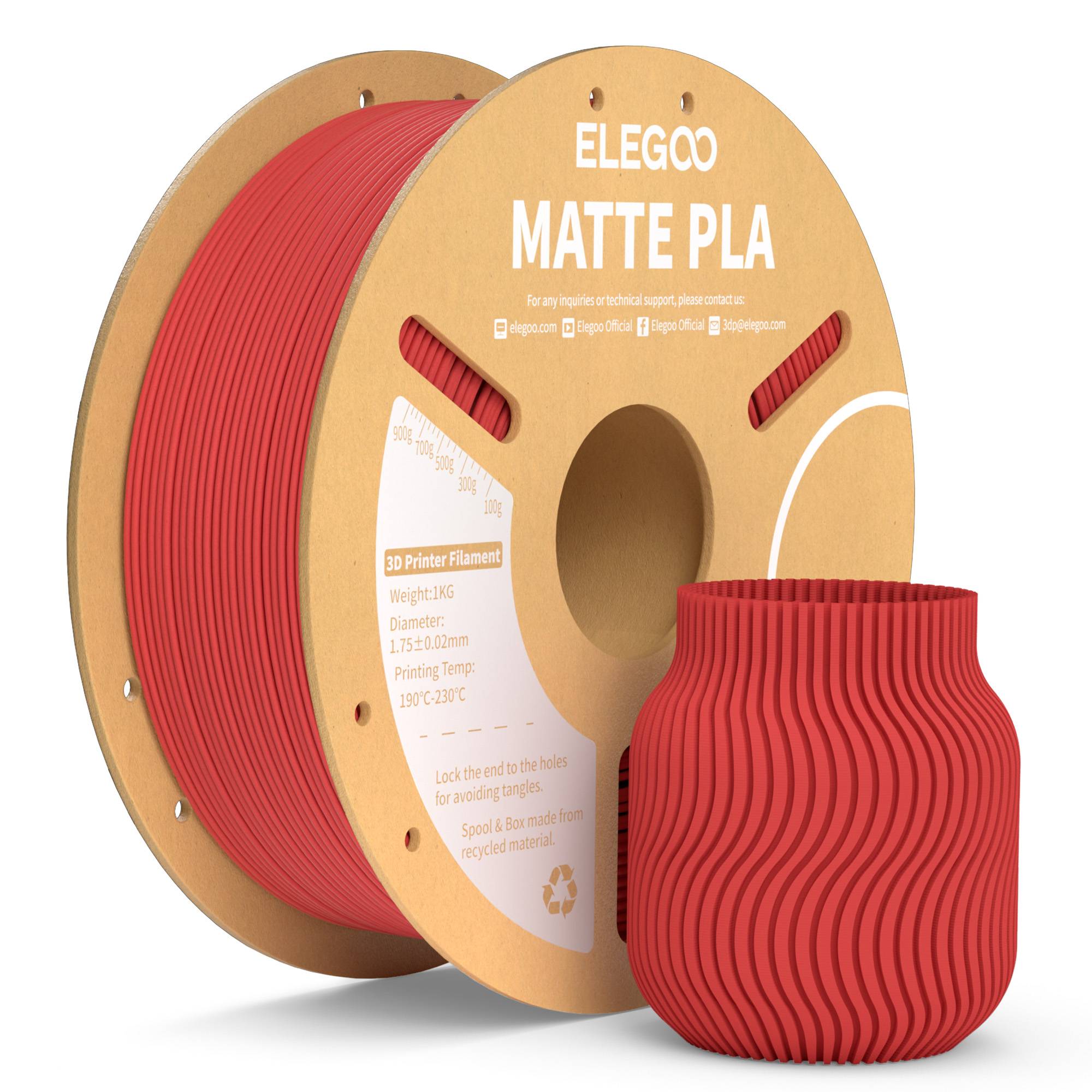 Filamento PLA Mate ELEGOO 1KG, 1.75mm para Impresora 3D FDM, Precisión Dimensional +/- 0.02mm, Bobina de Cartón de 1kg (2.2lbs)