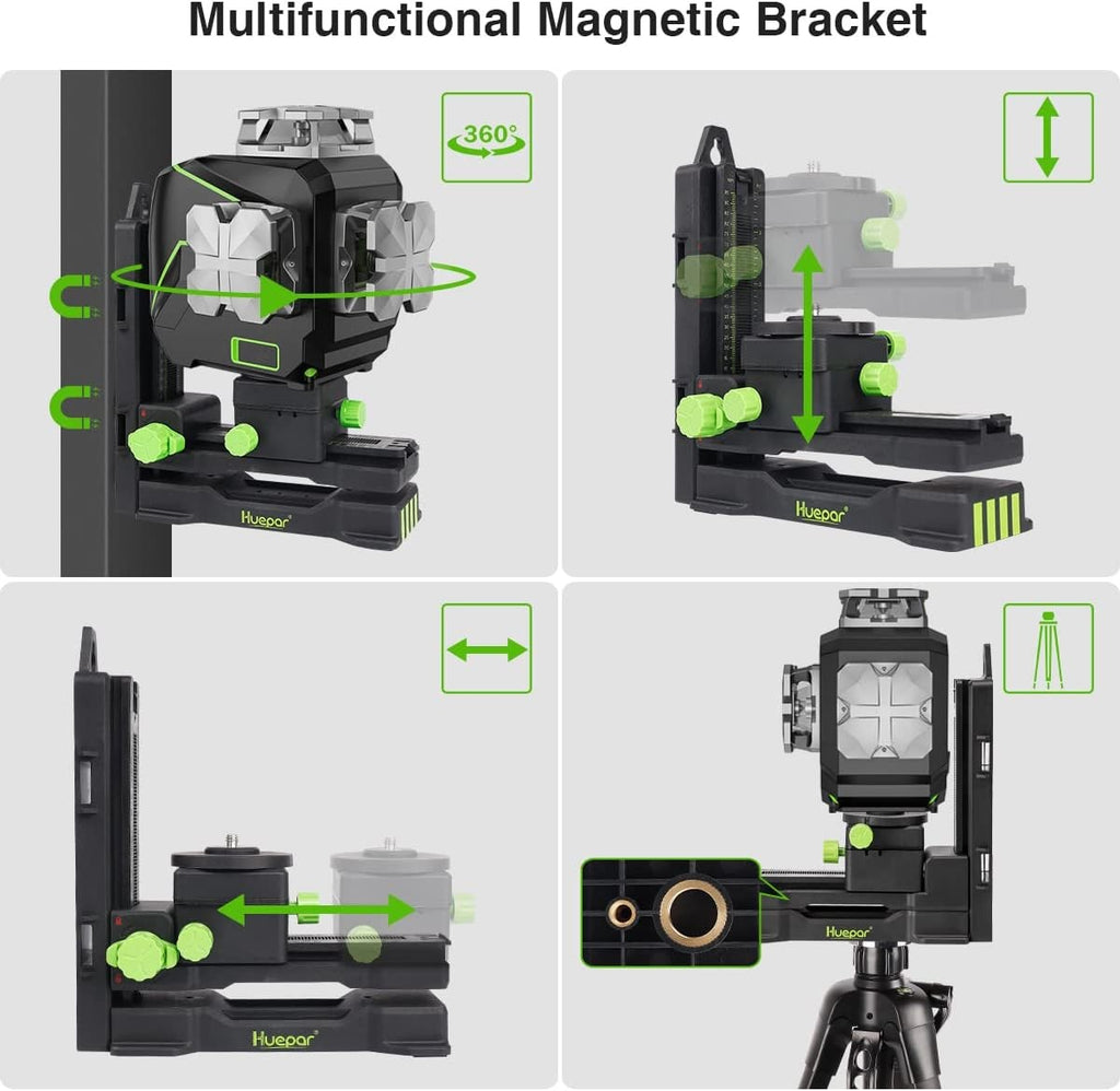 Huepar S03CG Set nivel láser de línea cruzada 3D Bluetooth y control remoto 12 líneas láser de haz verde Osram con receptor trípode telémetro
