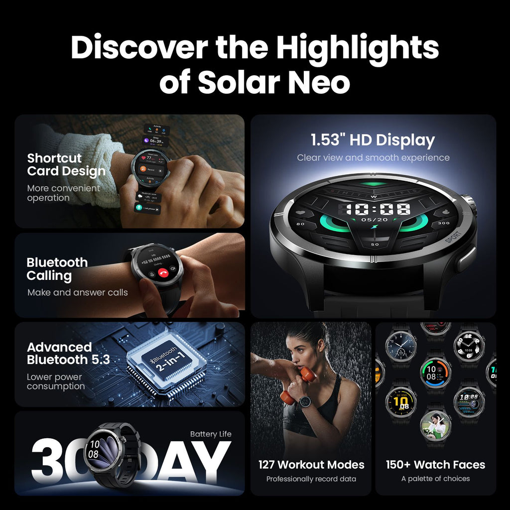 HAYLOU Solar Neo Reloj inteligente Pantalla HD de 1,53'' Llamada Bluetooth Monitoreo de salud 24 horas Relojes inteligentes Hombres Mujeres Relojes deportivos inteligentes