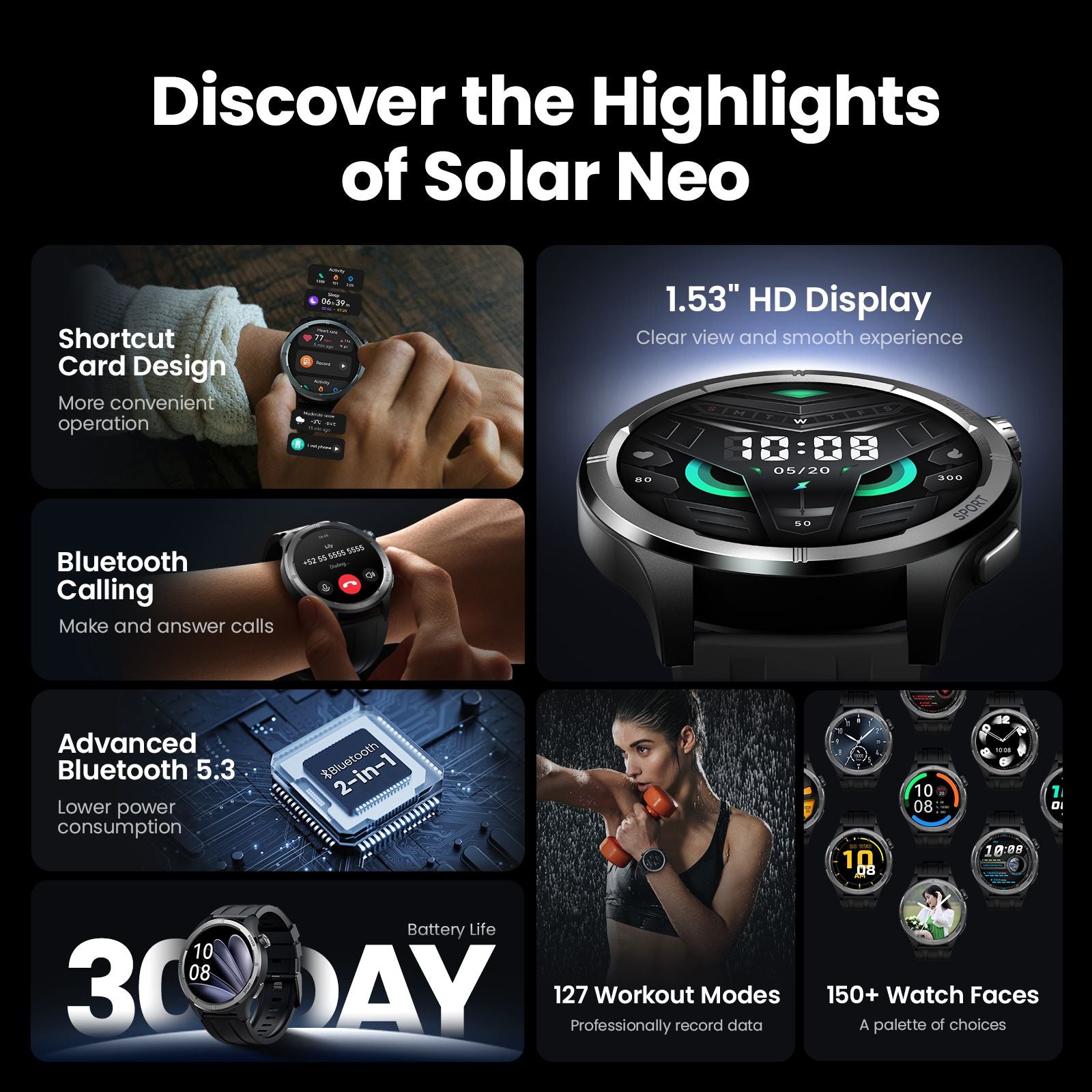 HAYLOU Solar Neo Reloj inteligente Pantalla HD de 1,53'' Llamada Bluetooth Monitoreo de salud 24 horas Relojes inteligentes Hombres Mujeres Relojes deportivos inteligentes