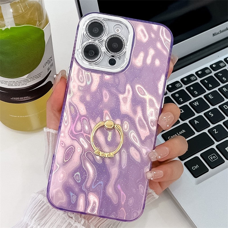 Funda de teléfono con soporte de anillo de aluminio plegable para iphone 16 Plus, 15, 14, 13 Pro Max, protección de cámara con purpurina a prueba de golpes, cubierta trasera de PC dura