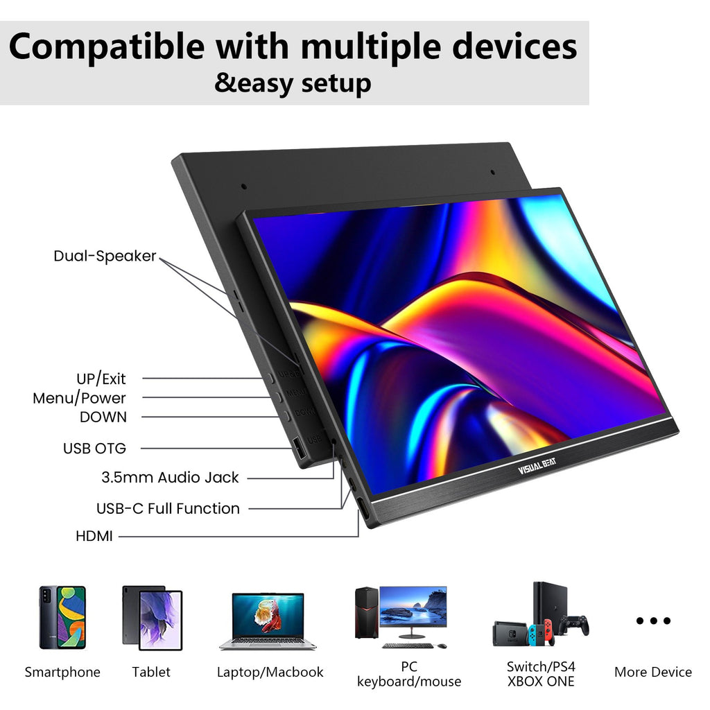 VISUALBEAT Monitor Portátil con Pantalla Táctil de 15.6'', FHD 1080P IPS HDR, con USB-C y HDMI, para Laptop, PC, Mac, Consola, Oficina y Viajes