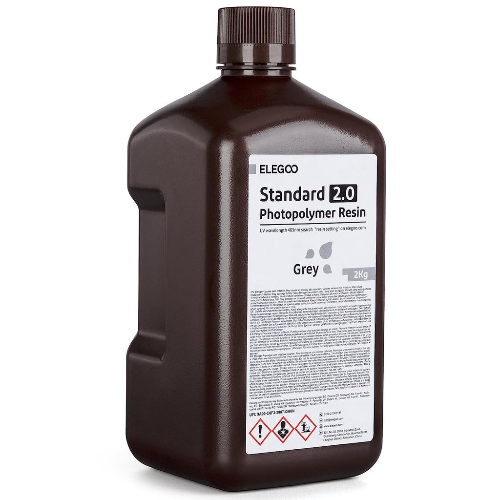 Resina para Impresora 3D ELEGOO, 2 kg, 405 nm, Resina Fotopolímera Estándar de Curado UV para Impresión 3D LCD, Alta Precisión, Bajo Olor, Gris 2000 g