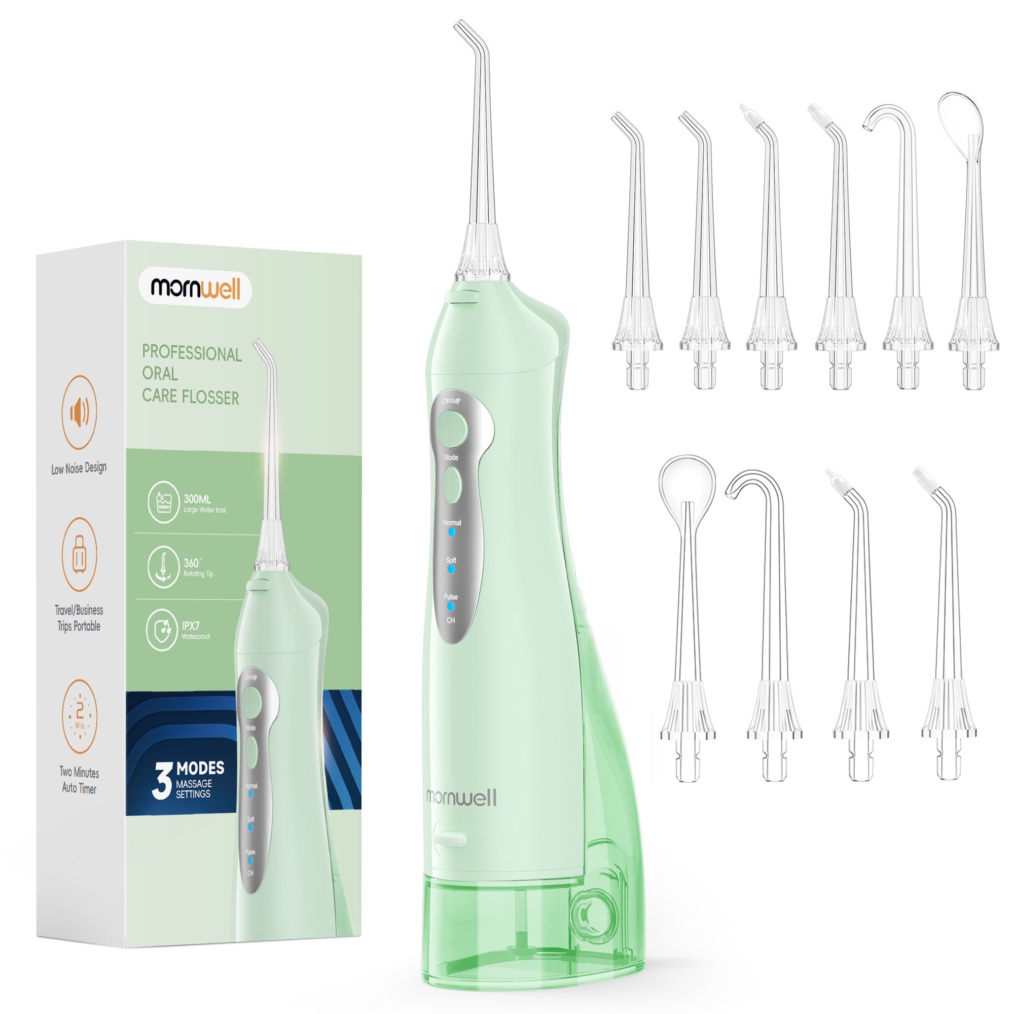 Irrigador Bucal Mornwell con 6 Boquillas y 3 Modos, Irrigador Dental Inalámbrico Portátil D52, Limpiador de Dientes con Resistencia al Agua IPX7