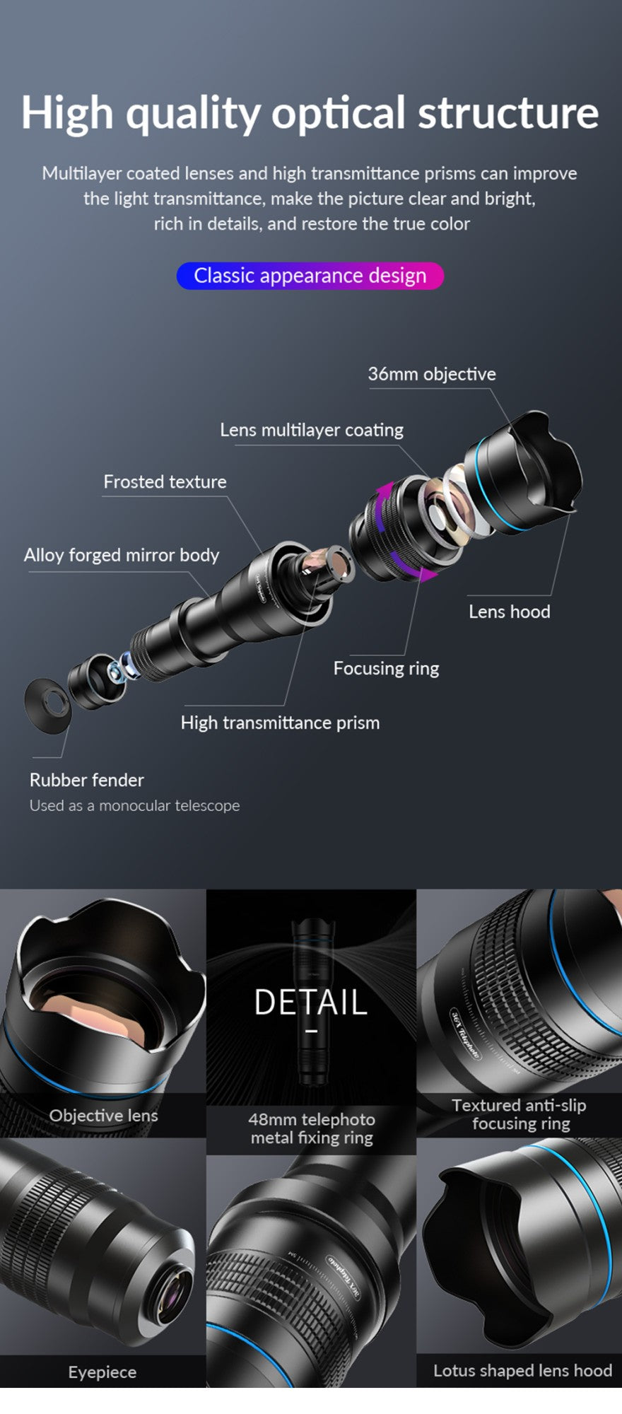 APEXEL-teleobjetivo de Metal 36X con trípode, telescopio Universal con Clip, para teléfonos inteligentes iPhone, Samsung, Camping y senderismo