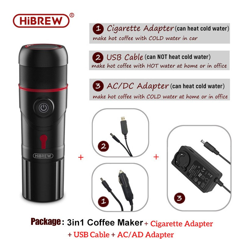 HiBREW Máquina de Café Portátil para Coche y Hogar, Cafetera de Expreso, Compatible con Cápsulas Dolce Nespresso y Café Molido, CC de 12 V, Dispositivo H4