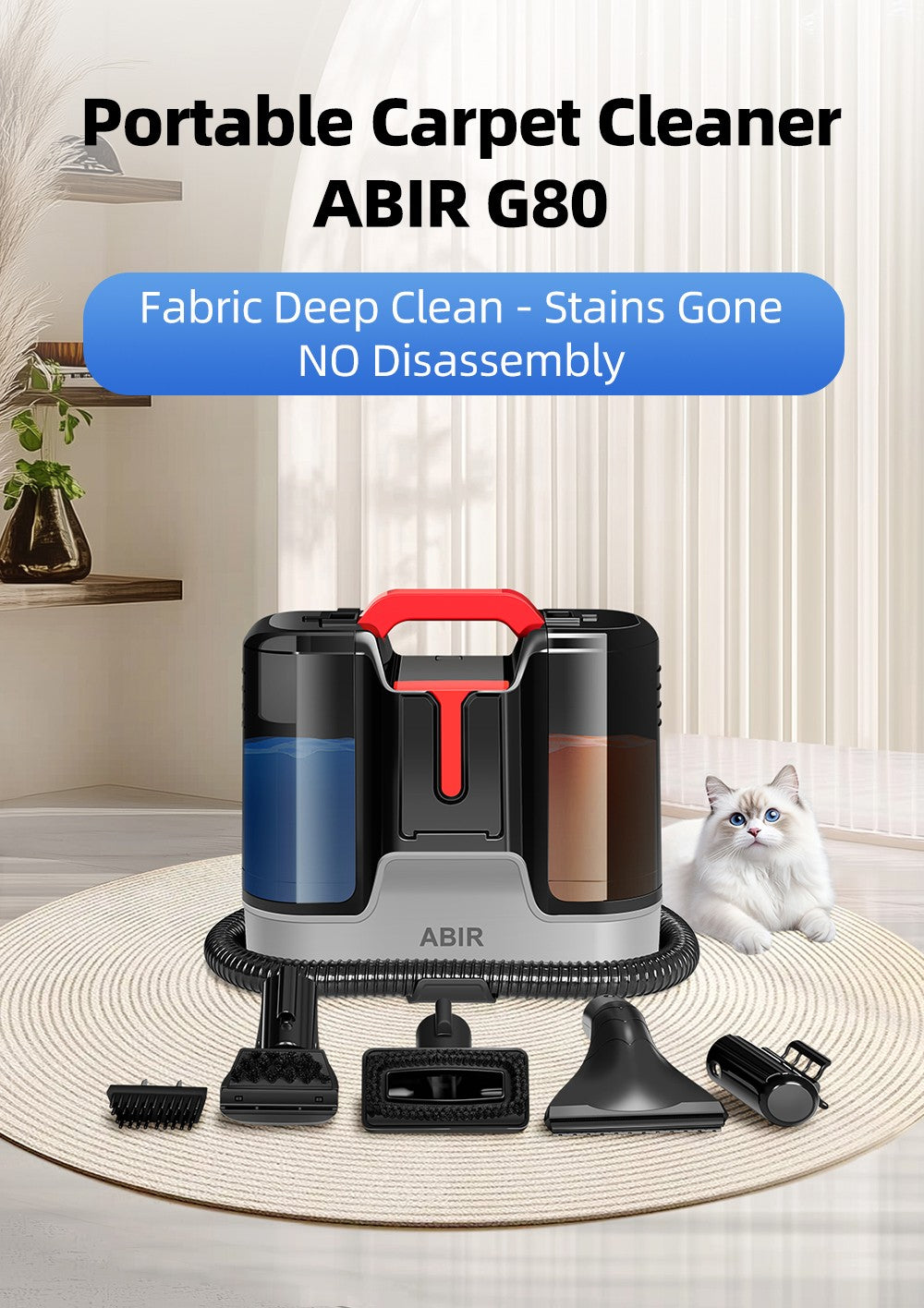 ABIR G80 Limpiador de Alfombras Portátil, Máquina de Limpieza de Manchas 15000PA, Aspiradora de Seco y Húmedo para Hogar: Sofás, Alfombras, Interior de Auto, Limpieza de Tejidos para Camas de Mascotas con Cubierta Auto