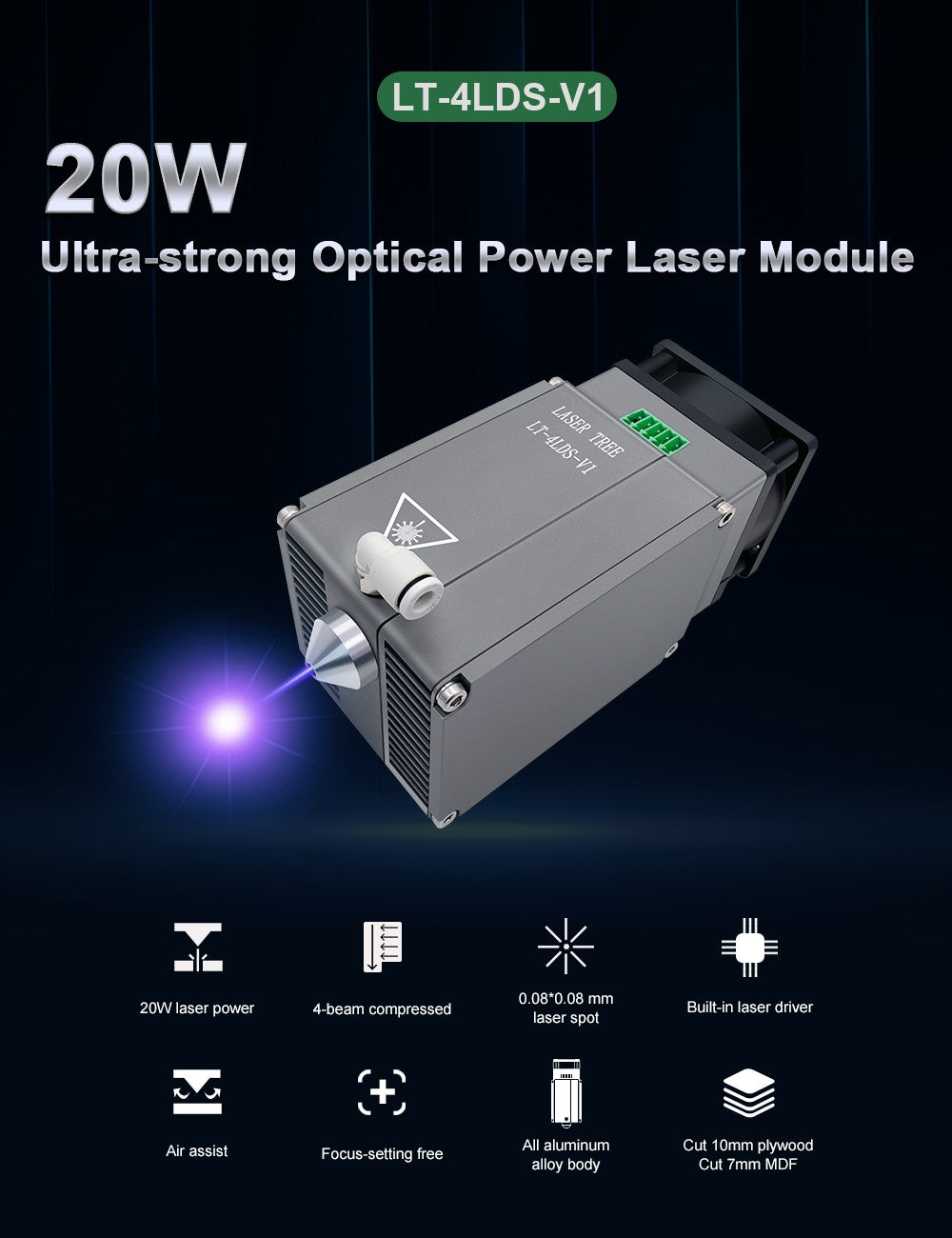 Árbol láser 20W 30W 40W 60W módulo láser con asistencia de aire TTL módulo de luz azul para grabador láser CNC herramientas de corte de carpintería