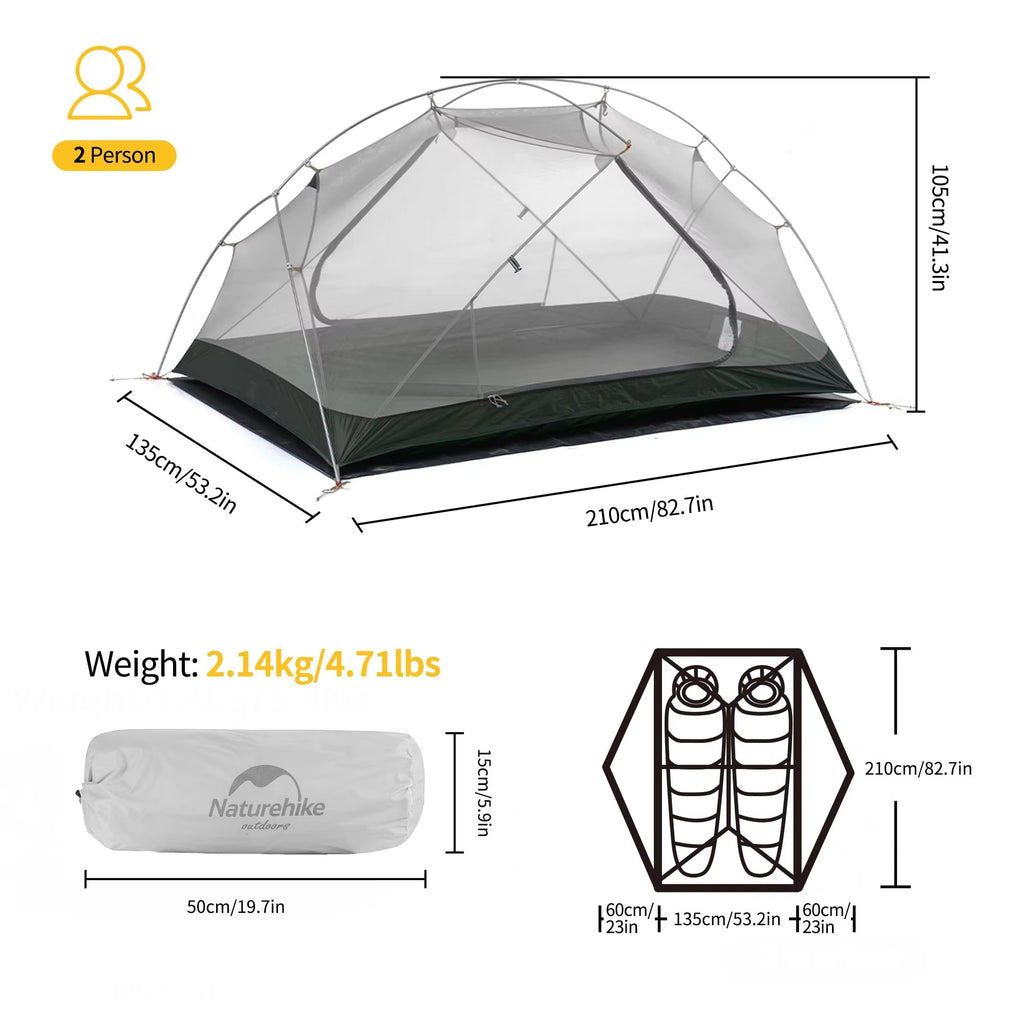 Carpa Naturehike Mongar 2 para Camping y Playa, Nailon 20D Impermeable, Carpa para 2 Personas, Mongar UL Ultraligera, Carpa de Senderismo para 3 Estaciones
