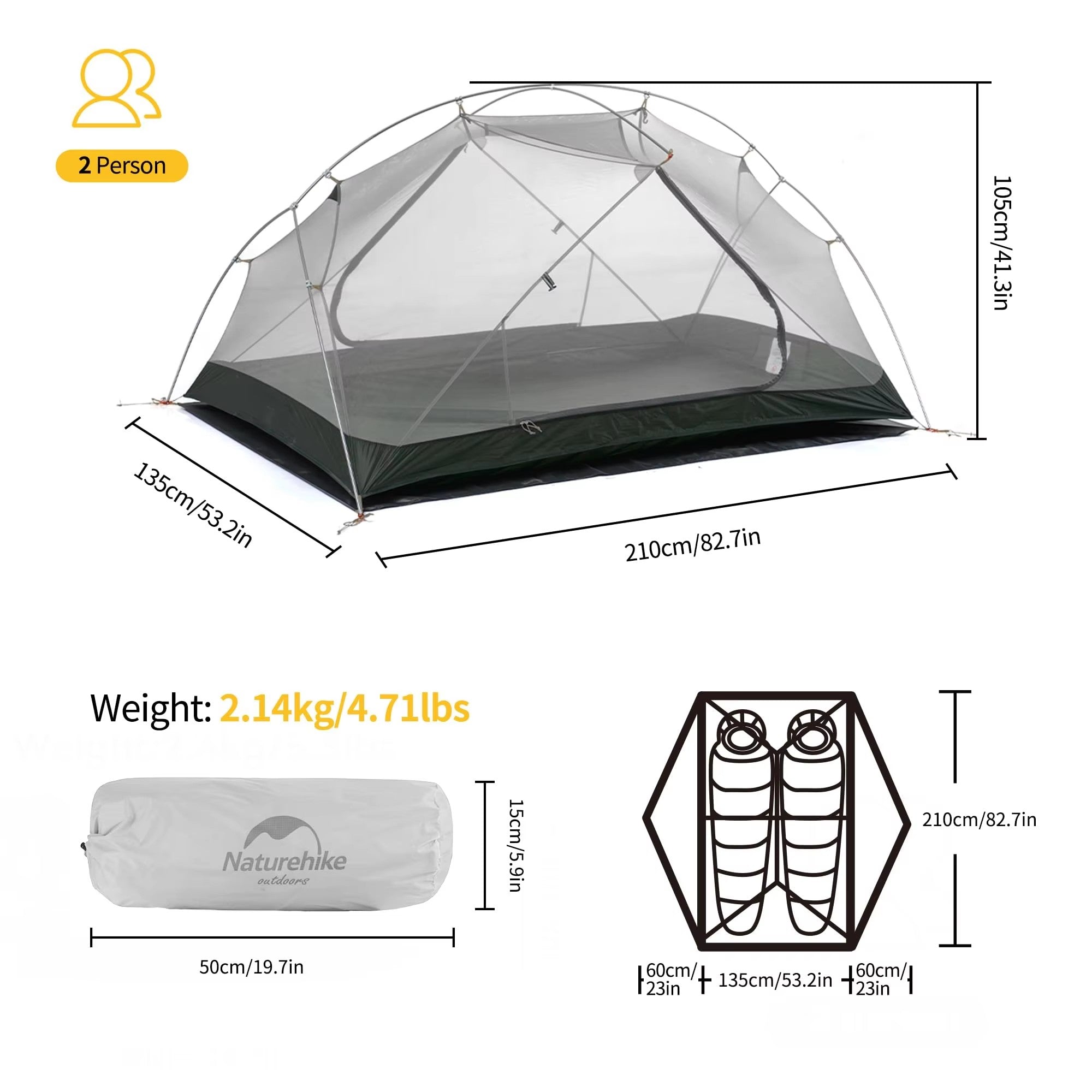 Carpa Naturehike Mongar 2 para Camping y Playa, Nailon 20D Impermeable, Carpa para 2 Personas, Mongar UL Ultraligera, Carpa de Senderismo para 3 Estaciones