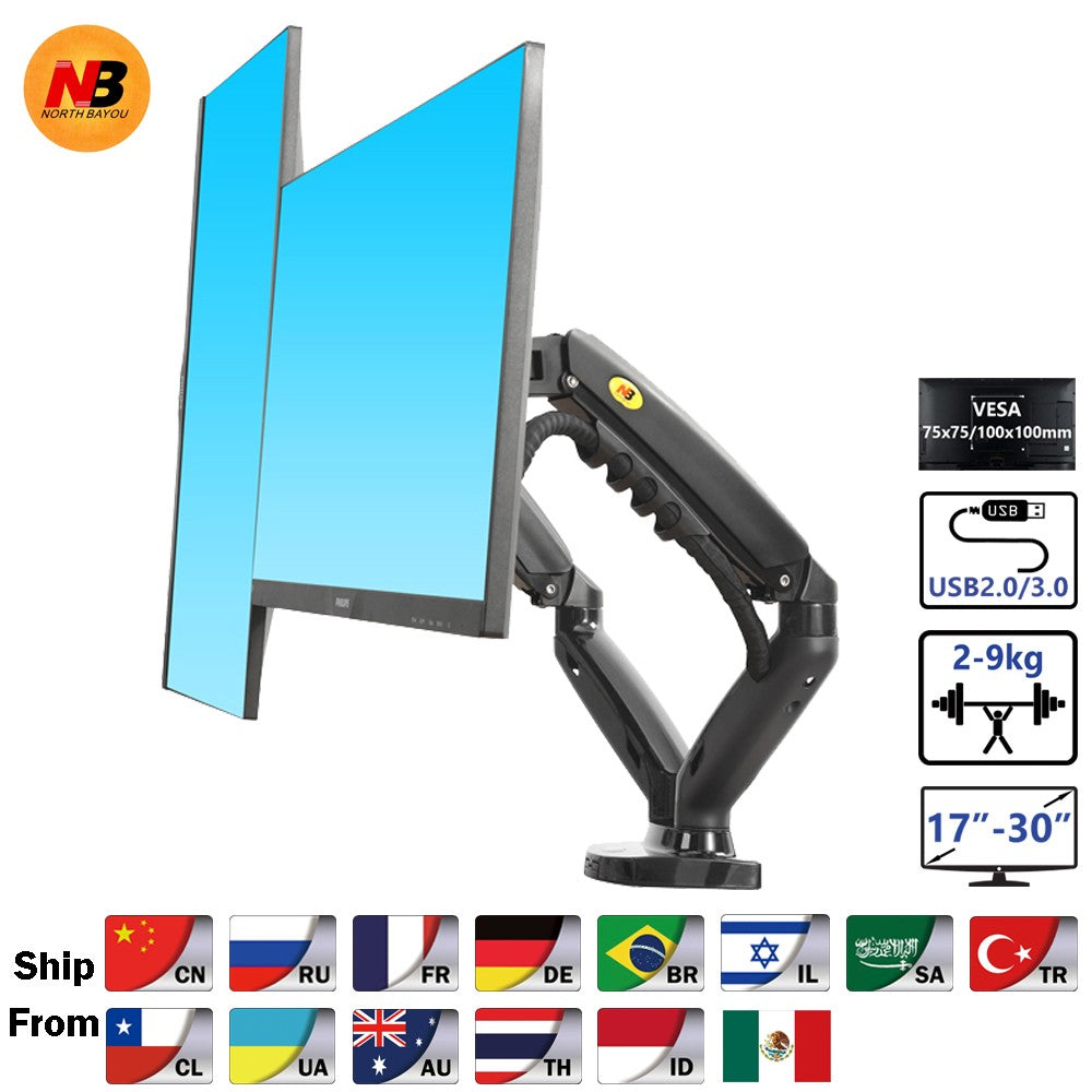 Nuevo Soporte de Escritorio NB F160 con Resorte de Gas para Monitores Duales de 17'-27' con 2 Puertos USB 3.0, Soporte para Monitores con Capacidad de Carga de 2-9 Kg por Brazo