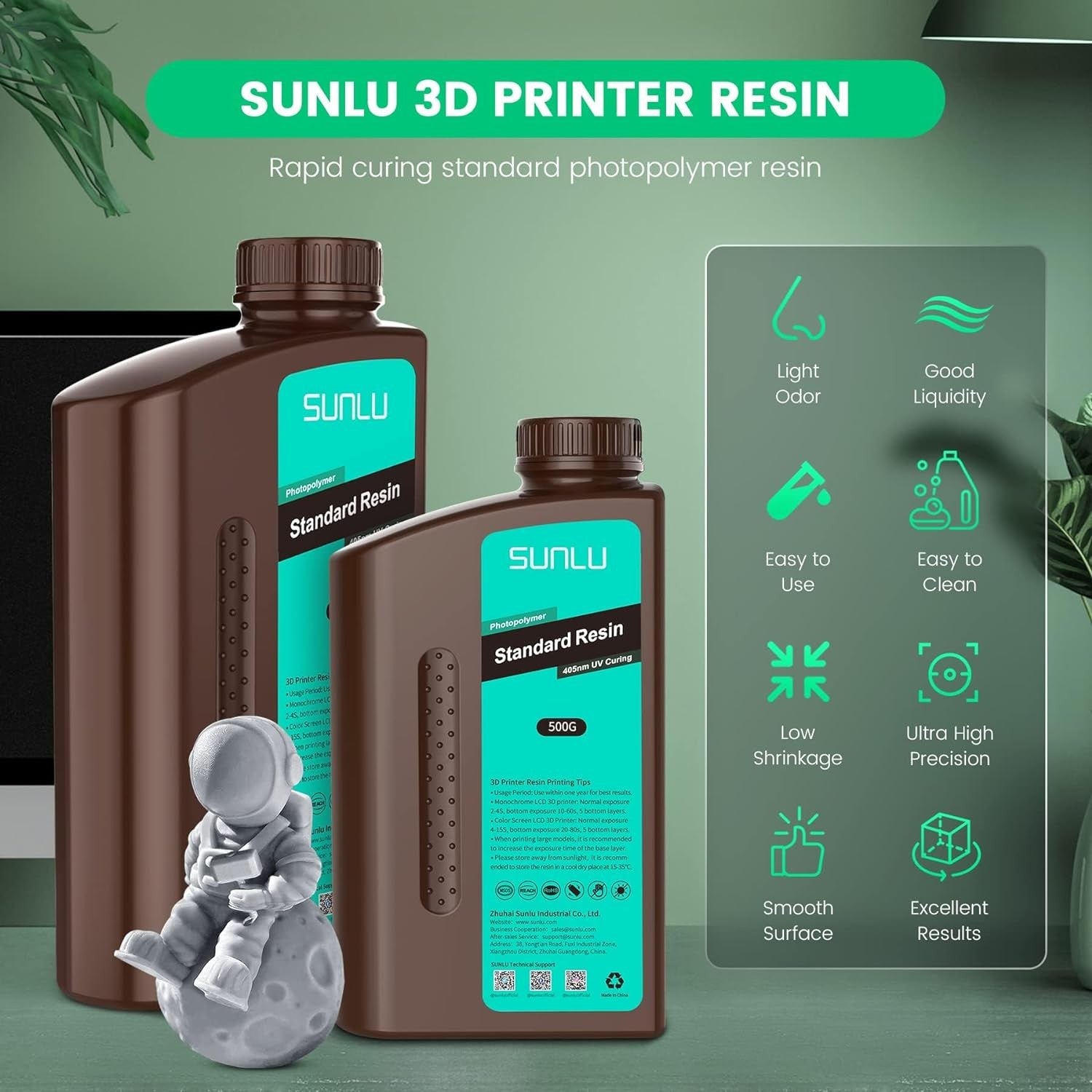 Resina 3D SUNLU de 2 kg, tipo ABS/estándar/lavable con agua, resina UV de 405 nm para la mayoría de las impresoras 3D SLA/DLP/LCD, material sensible a la luz UV, 1 kg