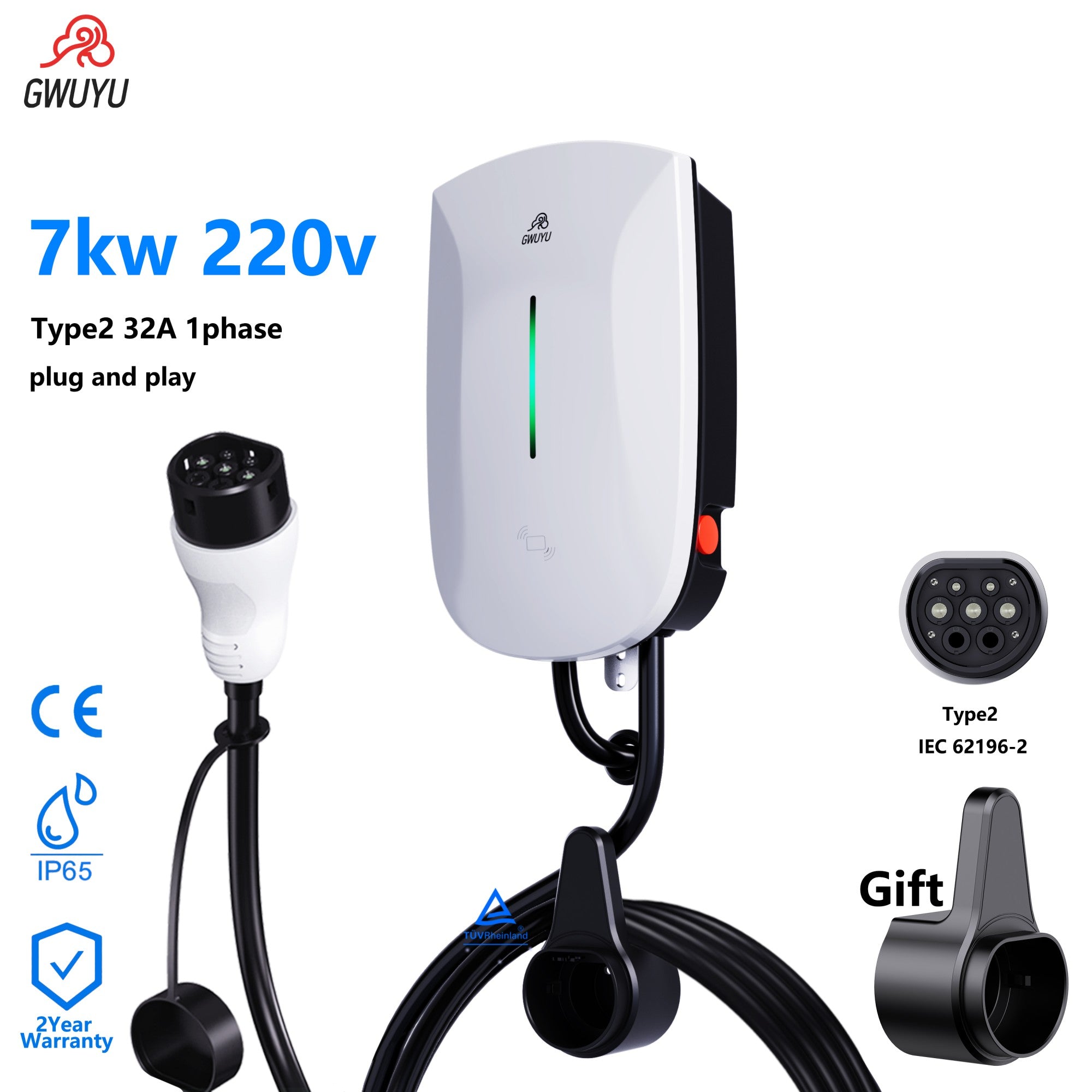 Estación de carga EV GWUYU Plug and Play Tipo 2 IEC62196-2 32A 7KW 220V 22KW 380V 11KW 16A 3 fases EVSE Wallbox 5 metros