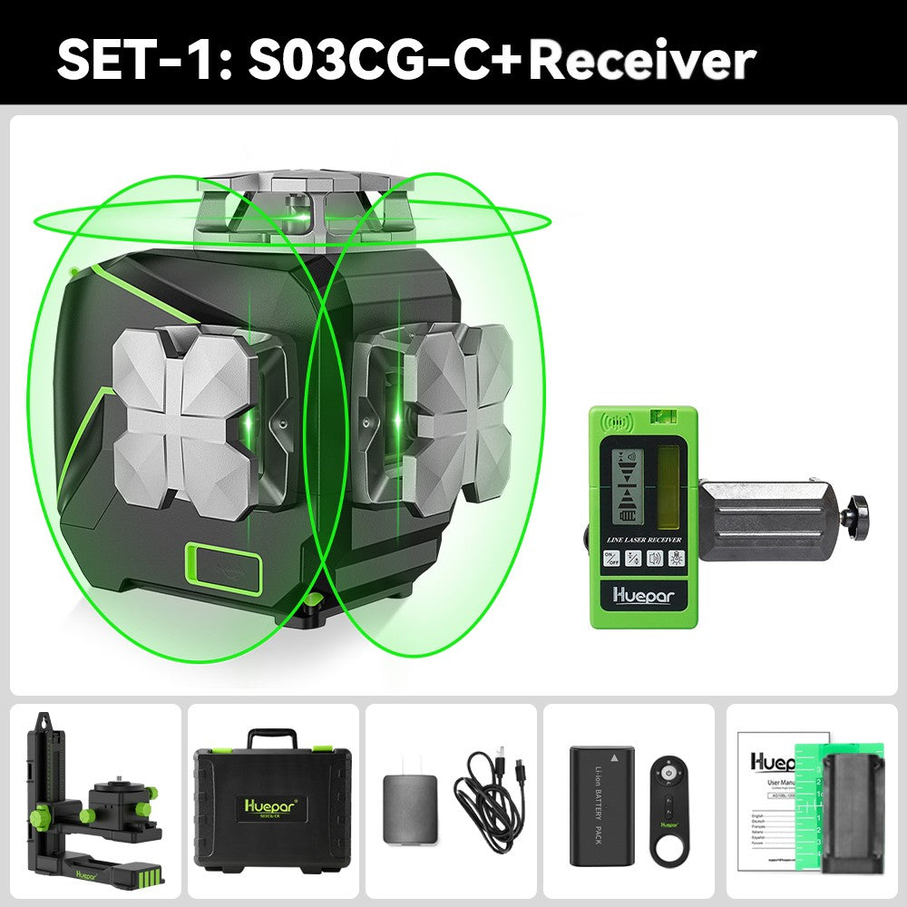 Huepar S03CG Set nivel láser de línea cruzada 3D Bluetooth y control remoto 12 líneas láser de haz verde Osram con receptor trípode telémetro