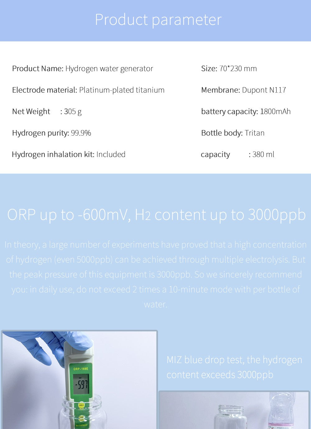 DuPont-generador de agua rico en hidrógeno, 3 en 1, deporte/Diseño de viaje, 3000ppb, uso con tubo de inhalación, autolimpieza, SPE/PEM H2