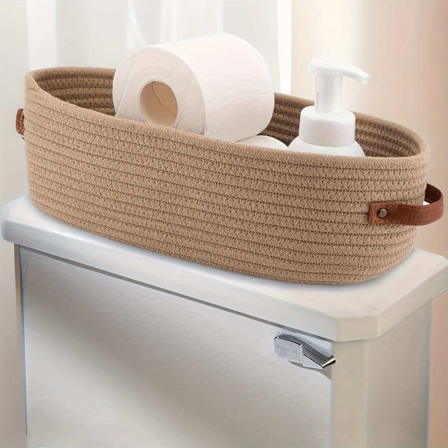 Cesta de almacenamiento de baño tejida ovalada, organizador de escritorio multifuncional, soporte de papel higiénico, cesta de almacenamiento de juguetes
