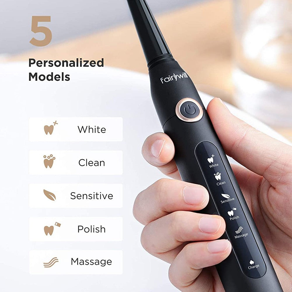 Fairywill-cepillo de dientes eléctrico FW-507, dispositivo con 5 modos, Cargador USB, temporizador de repuesto, 8 cabezales