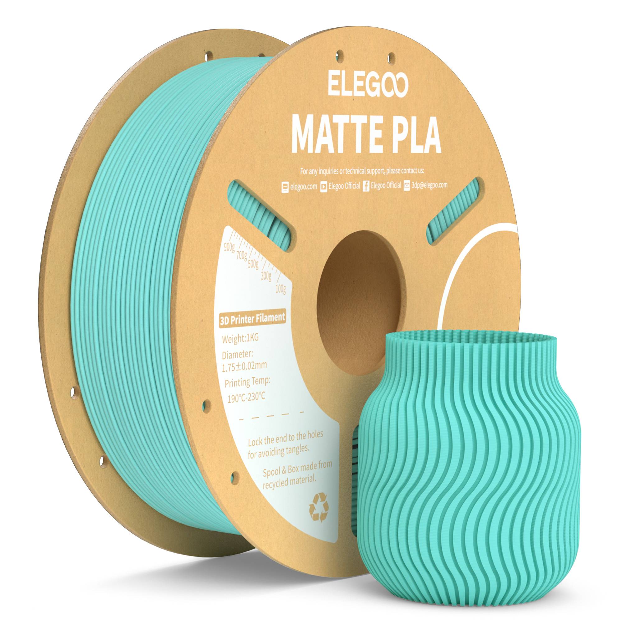 Filamento PLA Mate ELEGOO 1KG, 1.75mm para Impresora 3D FDM, Precisión Dimensional +/- 0.02mm, Bobina de Cartón de 1kg (2.2lbs)