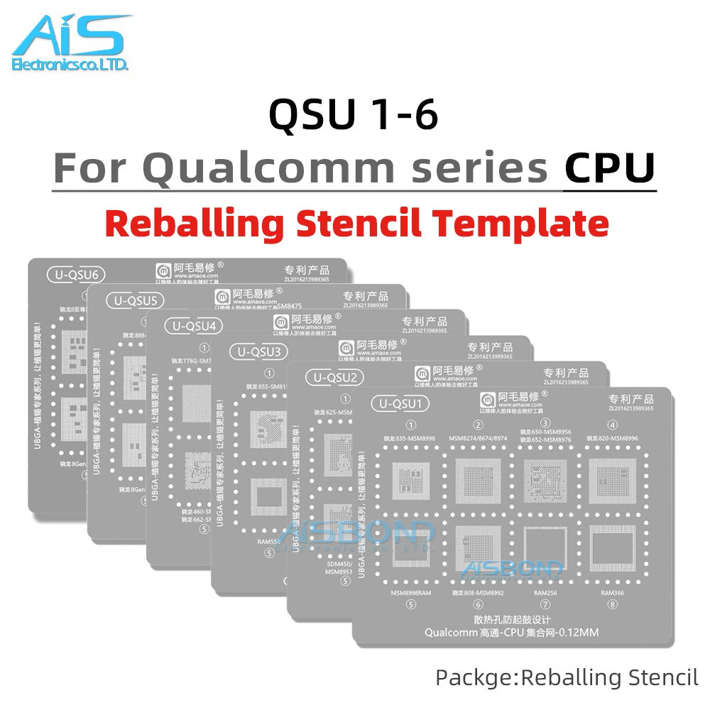 Plantilla de reparación BGA U-QSU1-6 para CPU serie Qualcomm SM8350 SM8250 SM8475 SM7325 SM7125 SM7350 SM8150 SM7250 SM8750 SM8635 Net