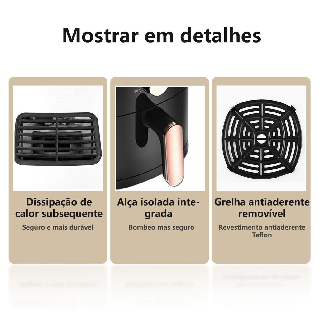 Fritadeira-freidora de aire eléctrica, Perfin Cesto Quadrado, 4L, 1100W, Preto, 127V, 220V