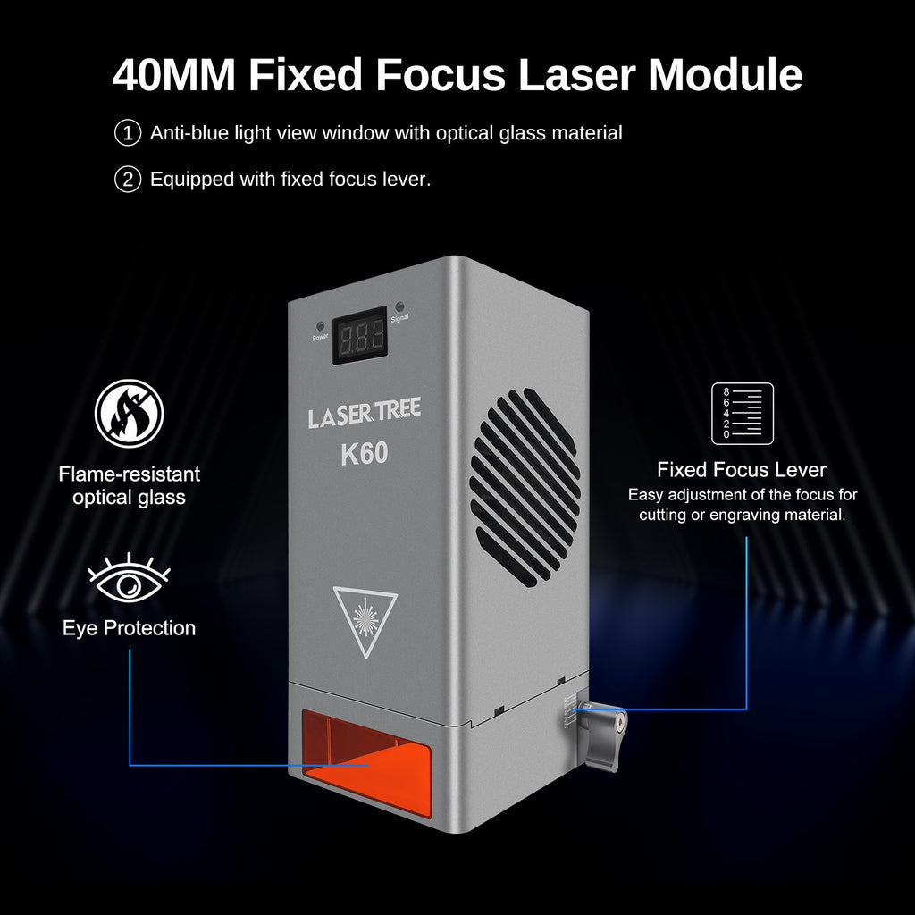 Árbol láser K60 de potencia óptica, cabezal láser de 60W, módulo de potencia ajustable de 20W/40W para grabado láser CNC, herramientas de corte de carpintería DIY