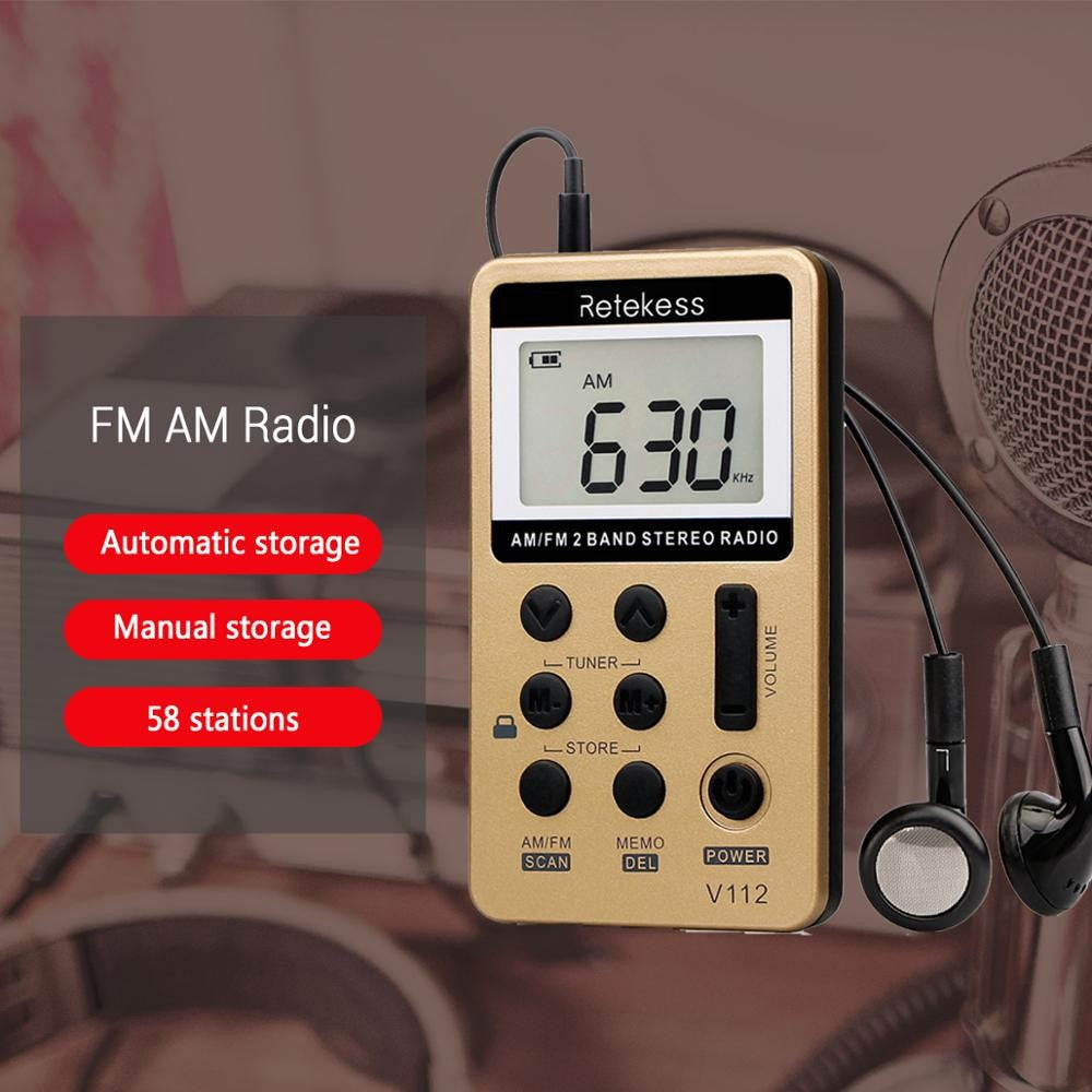 RETEKESS-Radio de 2 bandas V112, 10 piezas, FM, AM, Mini sintonización Digital portátil, receptor de Radio con batería recargable y auriculares