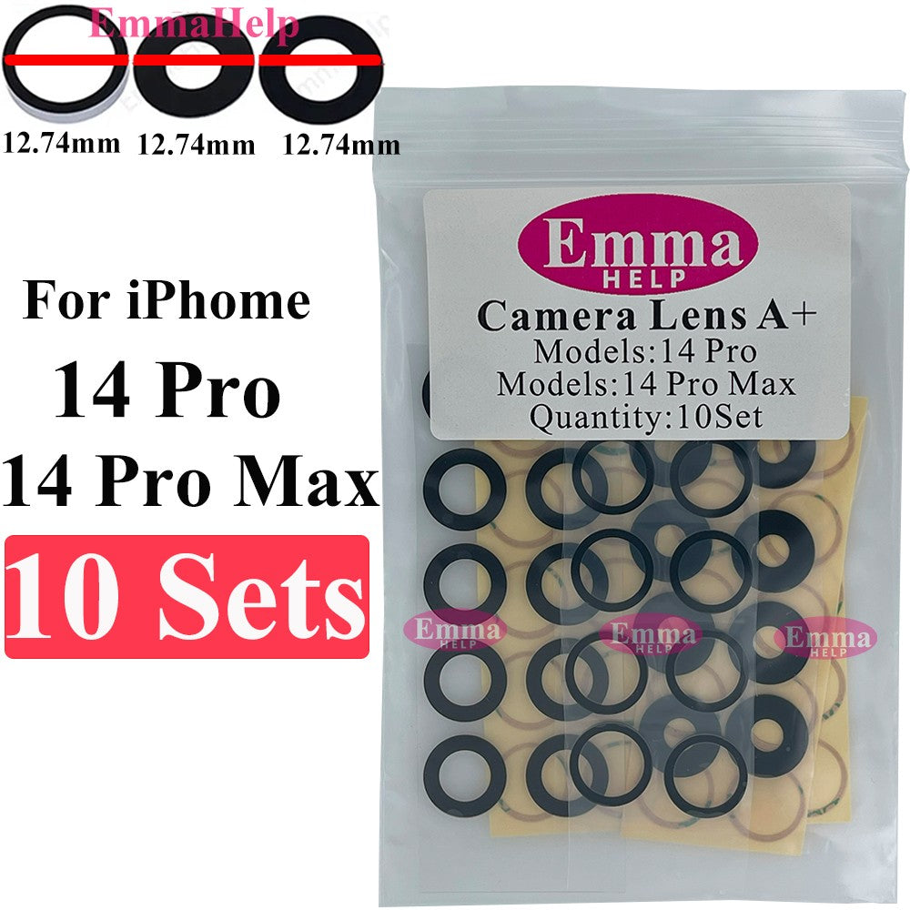 EmmaHelp Juego de 10 cristales de repuesto para cámara trasera de iPhone 15 14 13 XR X XS SE 7 8 11 12 Pro Max, cubierta de lente de cámara trasera, adhesivo de repuesto A+