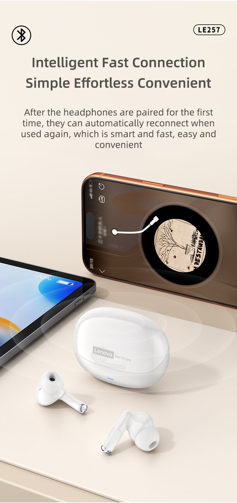 Auriculares Inalámbricos Lenovo LE257 con Bluetooth 6.0, Sonido HiFi, Cancelación de Ruido ENC, Auriculares TWS para Juegos y Deportes con Micrófono