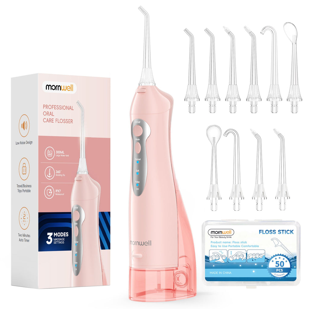 Irrigador Bucal Mornwell con 6 Boquillas y 3 Modos, Irrigador Dental Inalámbrico Portátil D52, Limpiador de Dientes con Resistencia al Agua IPX7
