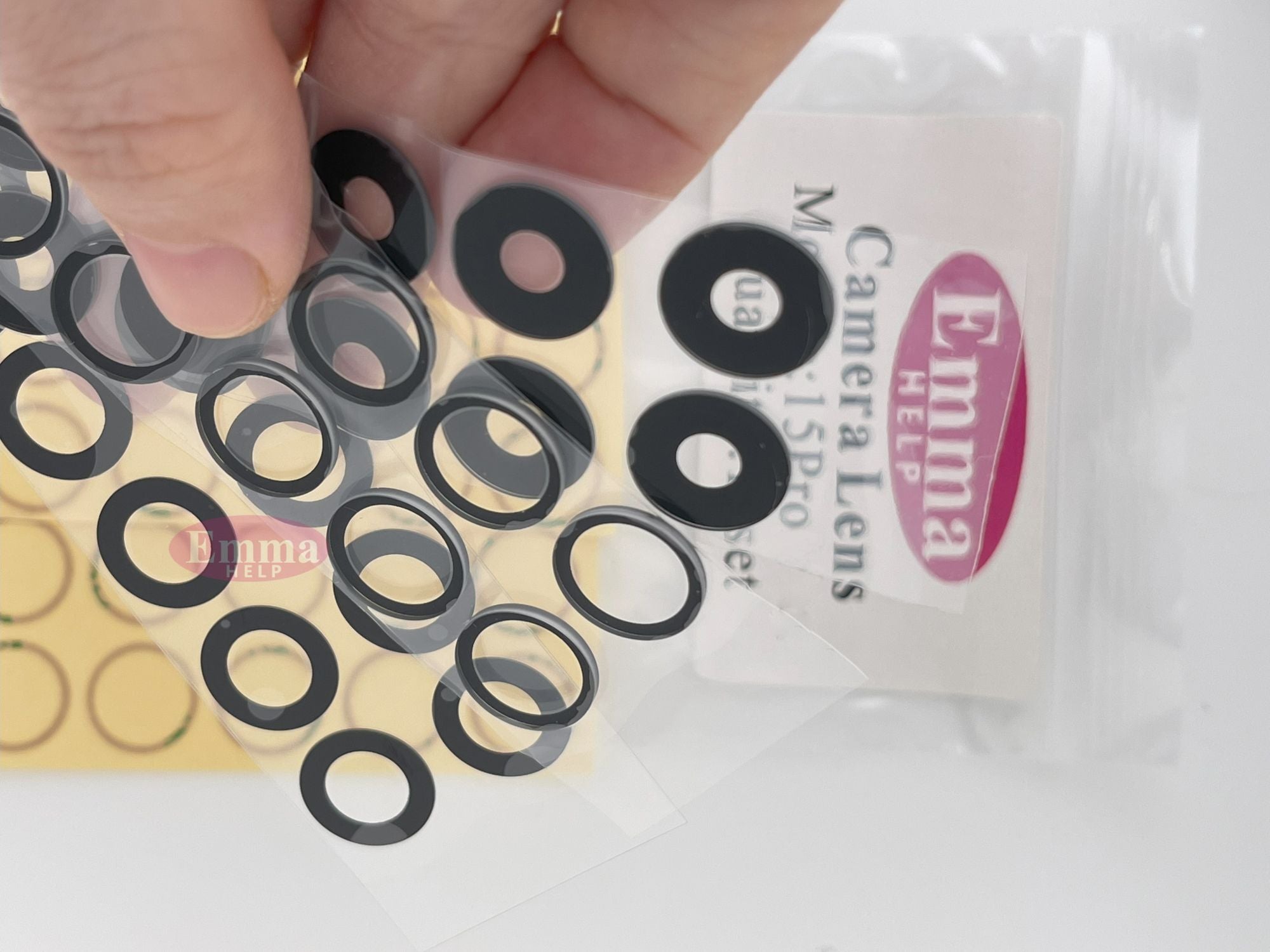 EmmaHelp Juego de 10 cristales de repuesto para cámara trasera de iPhone 15 14 13 XR X XS SE 7 8 11 12 Pro Max, cubierta de lente de cámara trasera, adhesivo de repuesto A+