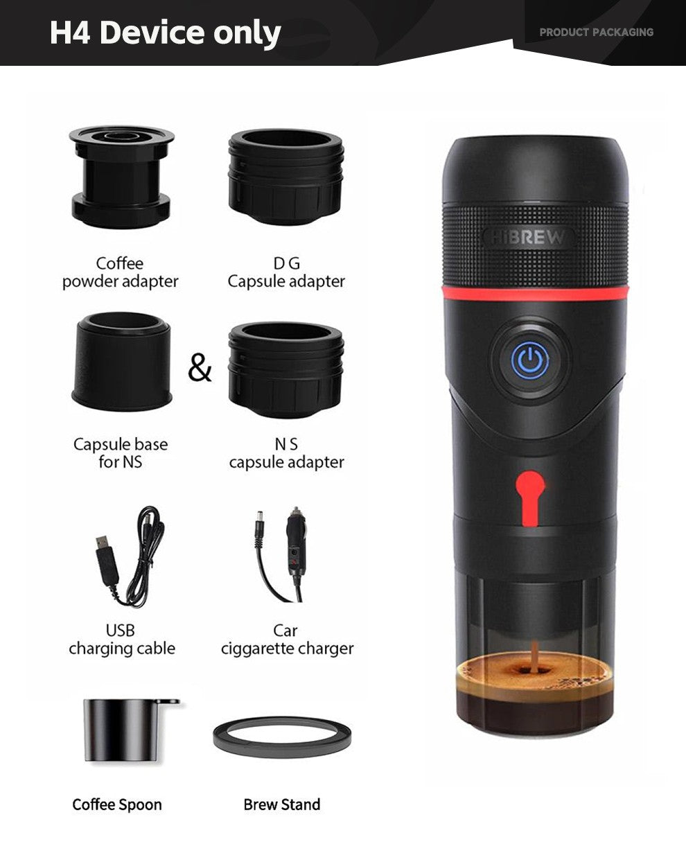 HiBREW Máquina de Café Portátil para Coche y Hogar, Cafetera de Expreso, Compatible con Cápsulas Dolce Nespresso y Café Molido, CC de 12 V, Dispositivo H4
