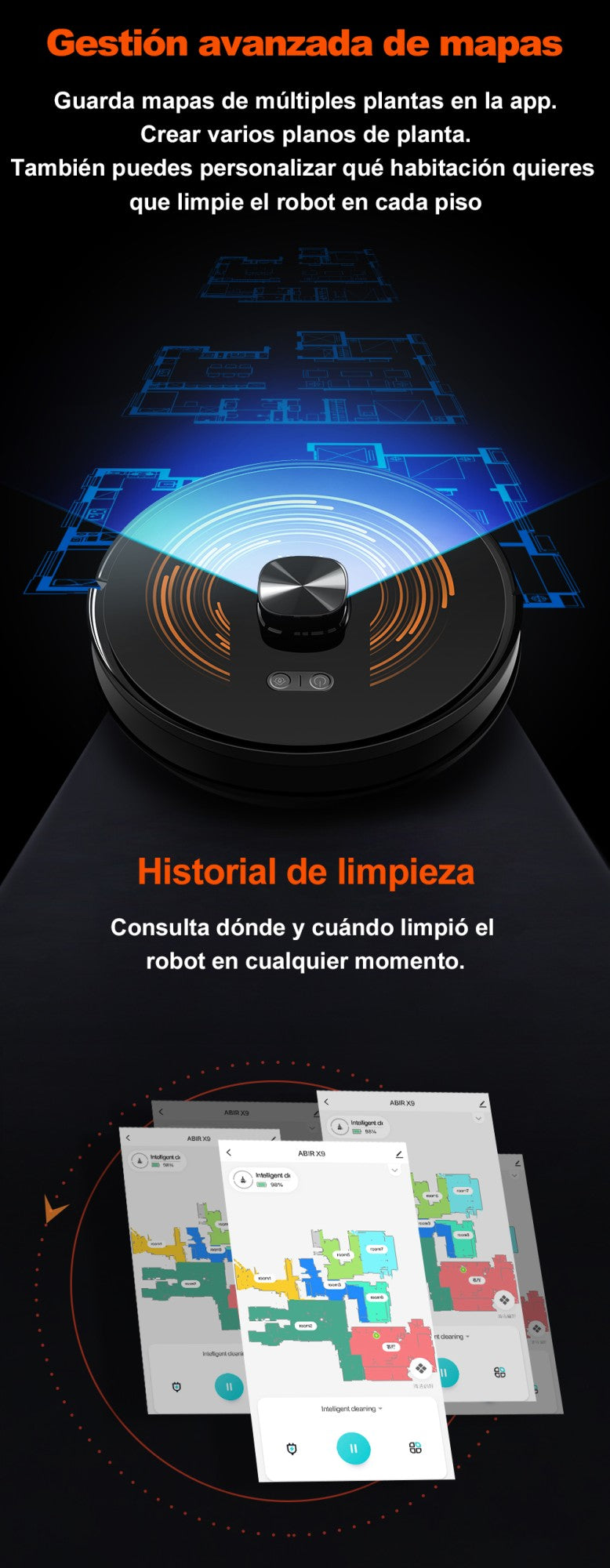 Robot Aspirador ABIR X9, Sistema Láser, Limpieza UV Doble, Tecnología Auto Carpet Boost, Mapas de Múltiples Pisos, Limpieza Personalizada por Habitaciones