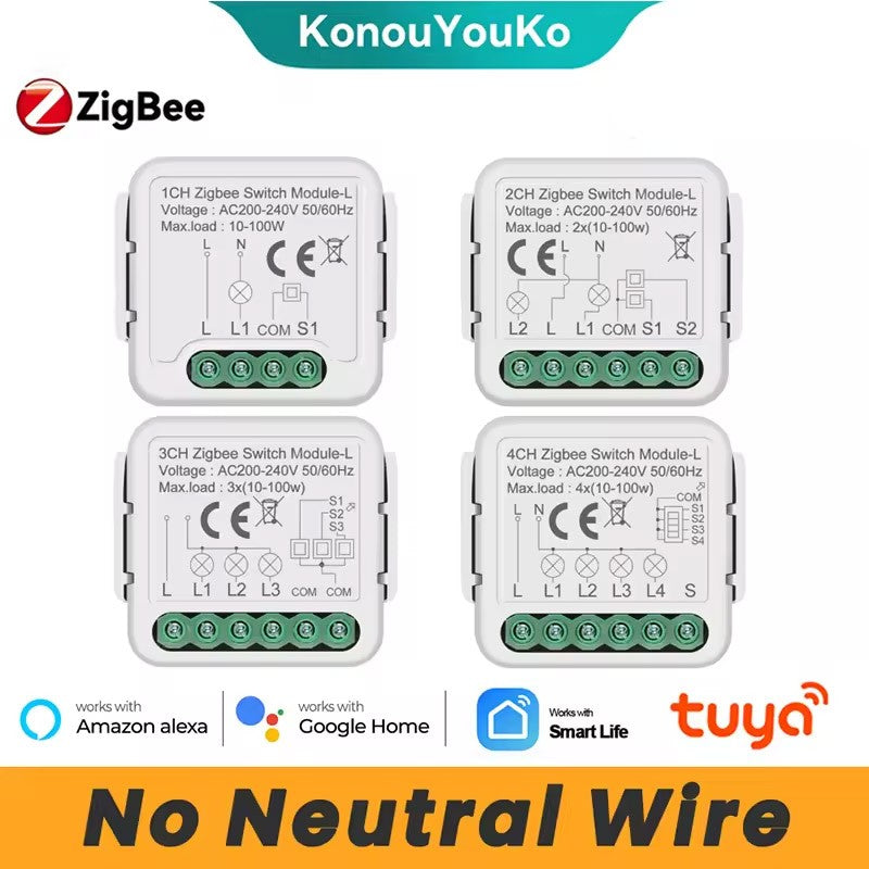 Módulo de Interruptor Inteligente Tuya Zigbee, Relé sin Cable Neutro, Control de 2 Vías, 1, 2, 3, 4 Canales, Compatible con Alexa y Google Home