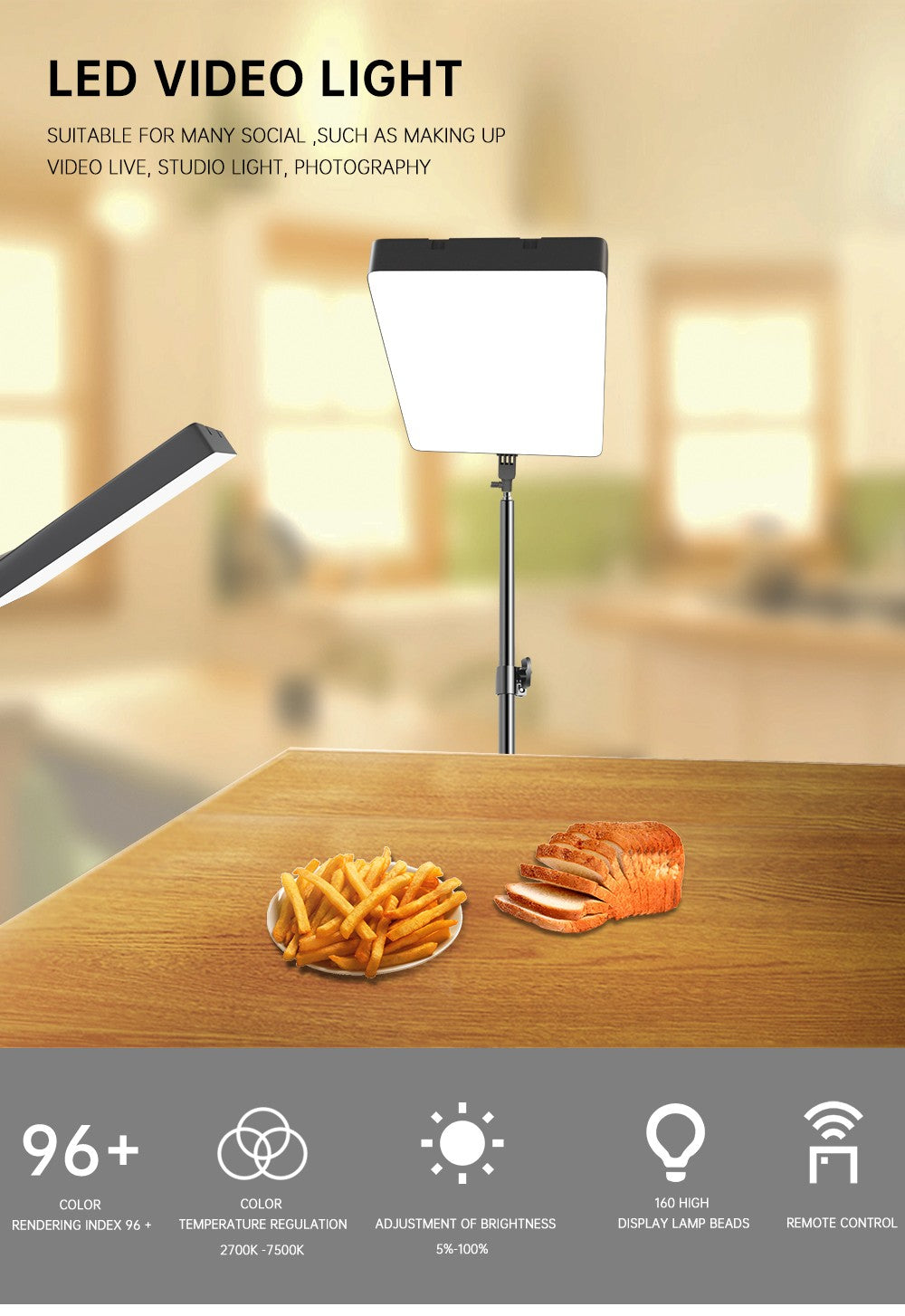 Luz LED de Video SH de 24'' y 90W, Panel de Iluminación Regulable para Fotografía, Selfies, Estudio Fotográfico, Transmisión en Vivo, Lámpara de Relleno con Trípode