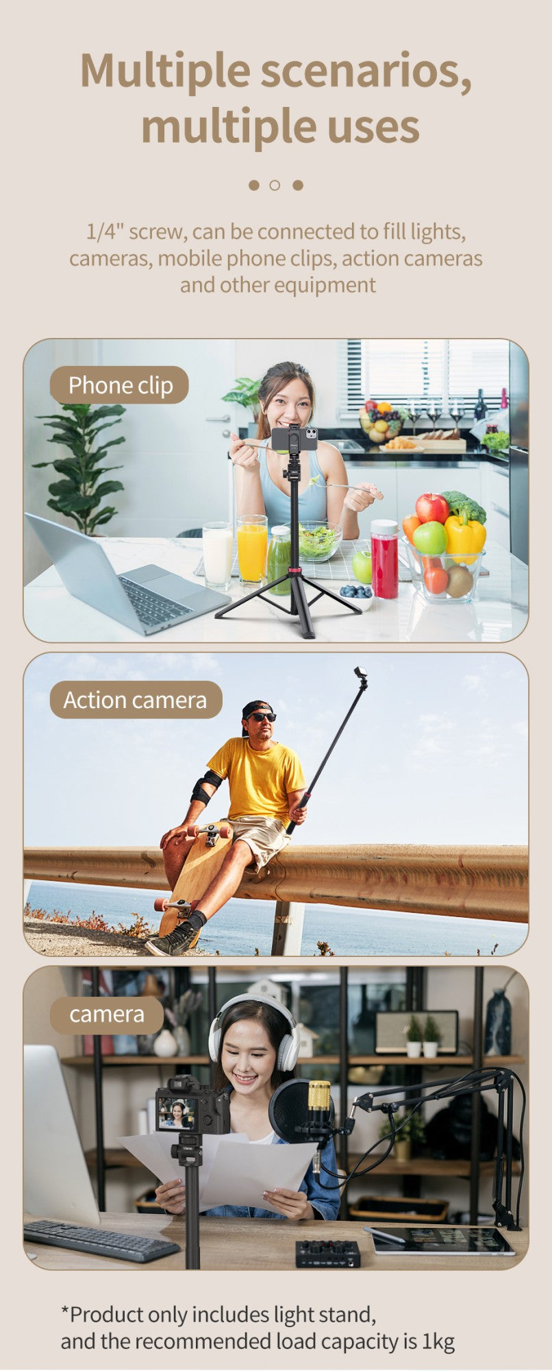 Trípode extensible Ulanzi MT-79 con tornillo de 1/4 pulgadas para cámara DSLR, trípode de micrófono con luz de relleno para teléfono inteligente