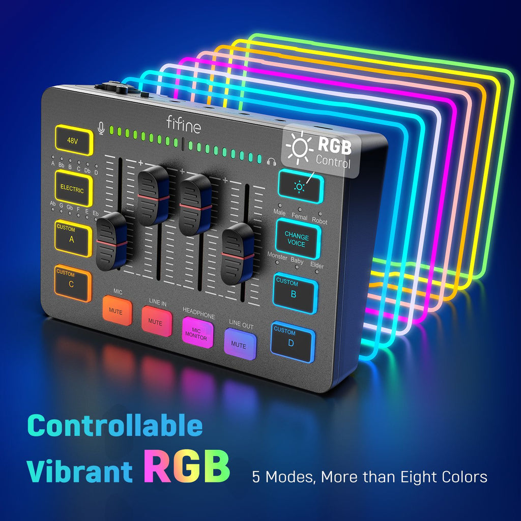 FIFINE mezclador de Audio para juegos, mezclador de transmisión de 4 canales RGB con interfaz de micrófono XLR, para voz de juego, Podcast,AmpliGame SC3