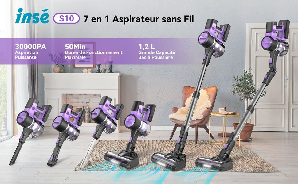 INSE-aspiradora inalámbrica, aspiradora vertical sin bolsa, plegable, para pelo de mascotas, alfombras, suelos duros de coche, 30kPa, 350W