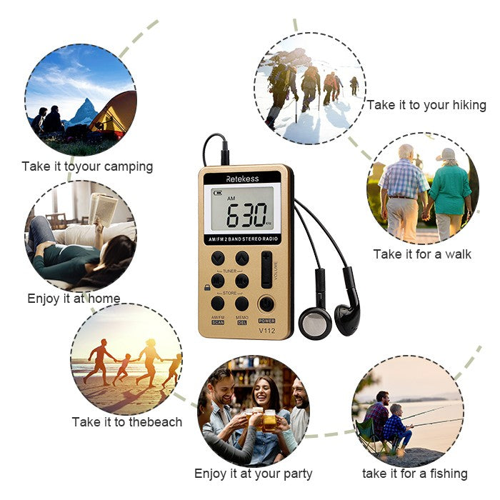 RETEKESS-Radio de 2 bandas V112, 10 piezas, FM, AM, Mini sintonización Digital portátil, receptor de Radio con batería recargable y auriculares