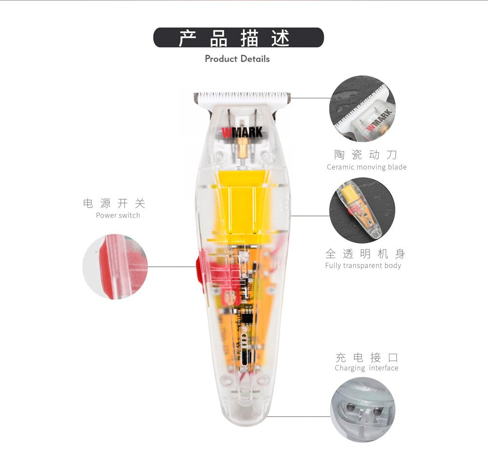 Cortadora de pelo recargable WMARK NG-108 NG-118 de estilo transparente, cortadora de pelo profesional con cable y NG-202 inalámbrica