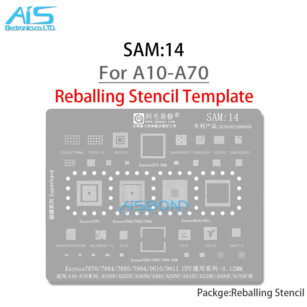 Plantilla de reparación Amaoe SAM14 BGA para Exynos 7870 7884 7885 7904 9610 9611 CPU A10 A30 A50 A70 A105F A600F RAM potencia PA IC CHIP