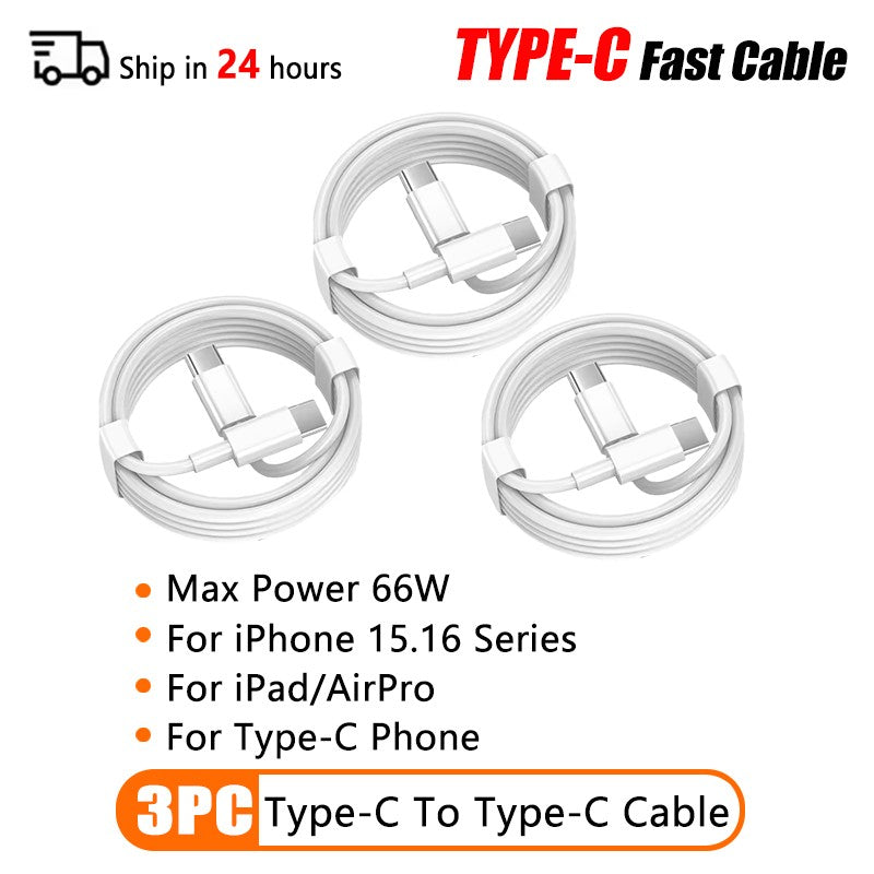 Cable USB tipo C PD de 66W para Apple iPhone 16 15 14 13 11 Pro Max 12 Mini 7 8 Plus XS R Cable de carga USB C de carga rápida