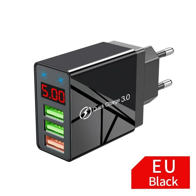Cargador USB de 3 puertos, adaptador de pared de carga rápida con pantalla Digital LED para Samsung S23 Xiaomi 14 Pro Huawei Mate 60 Redmi