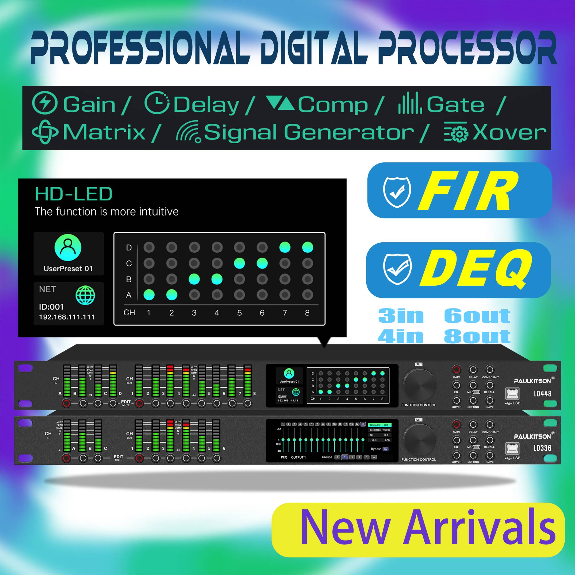 Paulkitson-Procesador de Audio Digital LD448, sistema de Control de altavoz profesional, con Procesador Fir de 32 bits, Driverack 4in y 8out